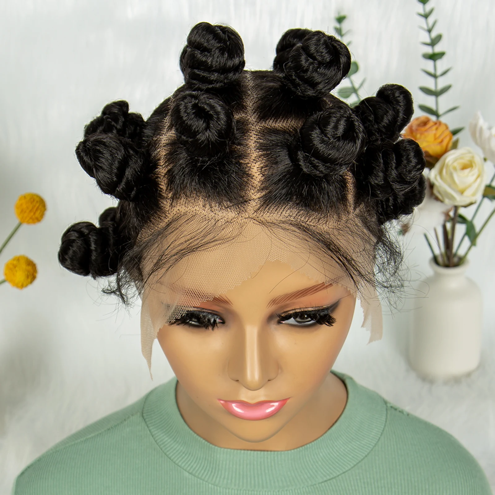 Full Lace Handmade Bantu Braided Wigs Synthetic Lace Frontal Short Cute Bantu Braided Lace Wig With Baby Hair for Black Women