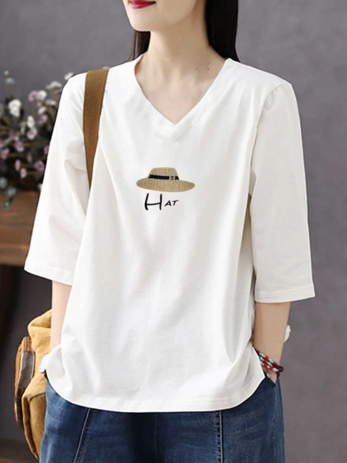 

Loose Fit Pure Cotton V-Neck T-Shirt Women's Summer Spring Seven-Quarter Sleeve Top Slimming Simple Artistic Style Casual Wear