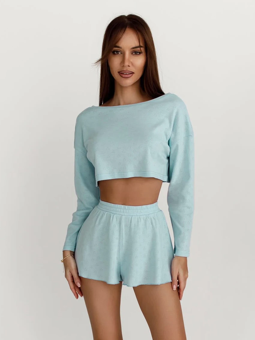 Marthaqiqi Summer Ladies Nightgowns Suit O-Neck Pajamas Long Sleeve Sleepwear Crop Top Nightwear Shorts Casual Women Nightie Set