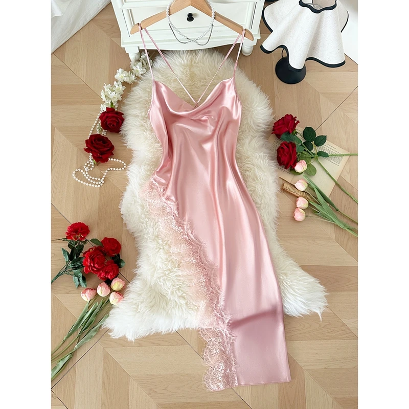 Combhasaki المرأة الأشرطة تعادل عارية الذراعين ثوب النوم Y2k الأزهار الدانتيل تقليم الحرير الساتان المرقعة الجانب عالية الشق كامي زلة فستان طويل #5