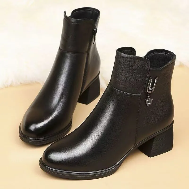 

Women Soft Leather Boots Fashion Pointed Leather Boots High Top Cotton Shoes for Women Casual High-heel Ankle Boot Botas Mujeres