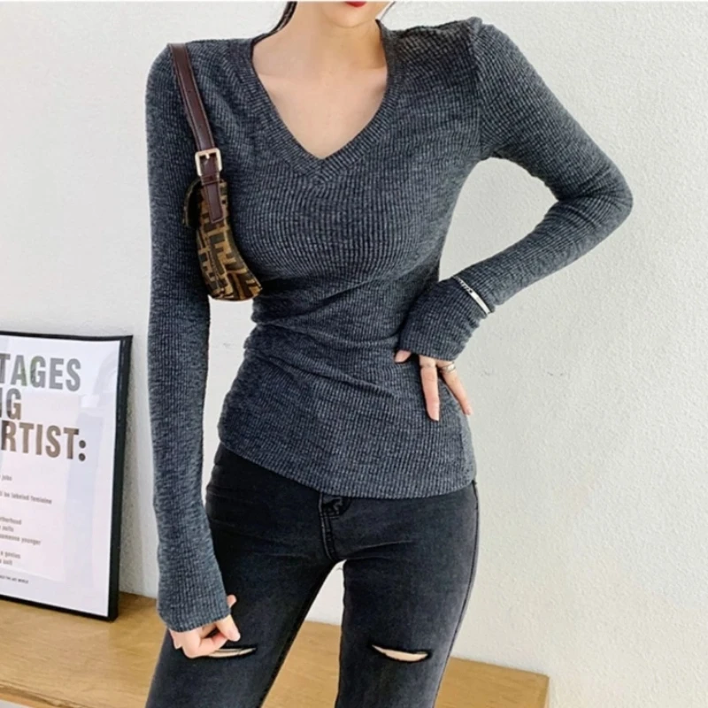 V Neck Simplicity Long Sleeve Sexy Tops Spring Autumn New Solid All-match High Street T Shirts Fashion Casual Women Clothing