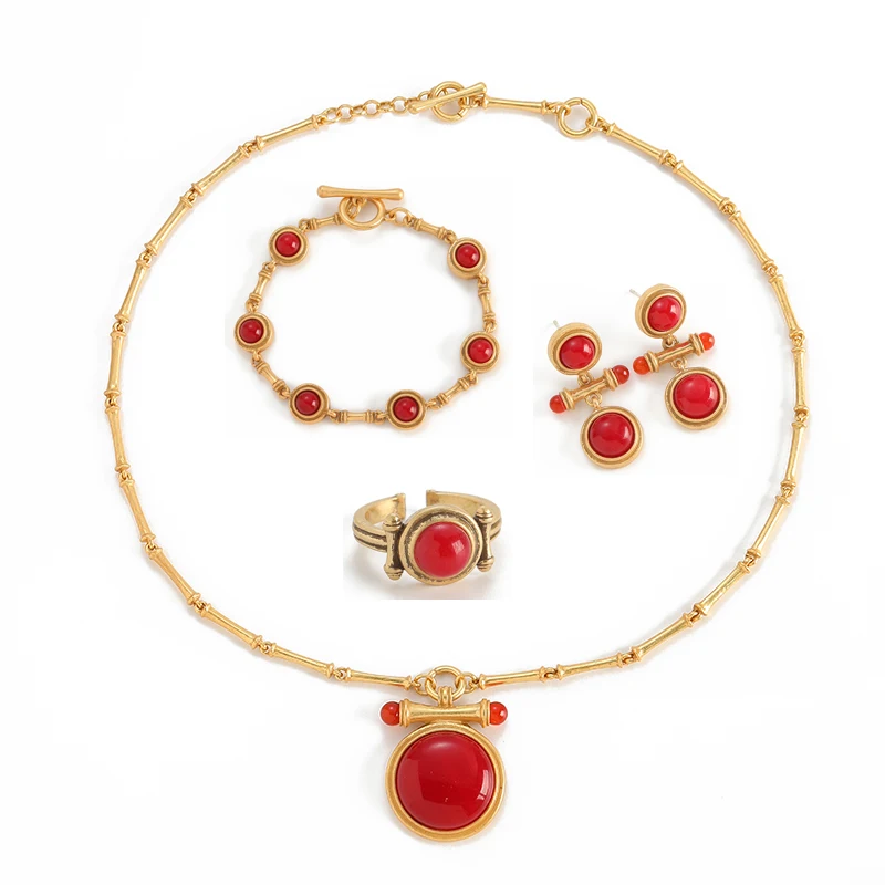 Vintage Red Agate Round Pendant With Bamboo Nodes Brand Design Classic Jewelry Sets Necklace Earrings Bracelet Ring Gift New