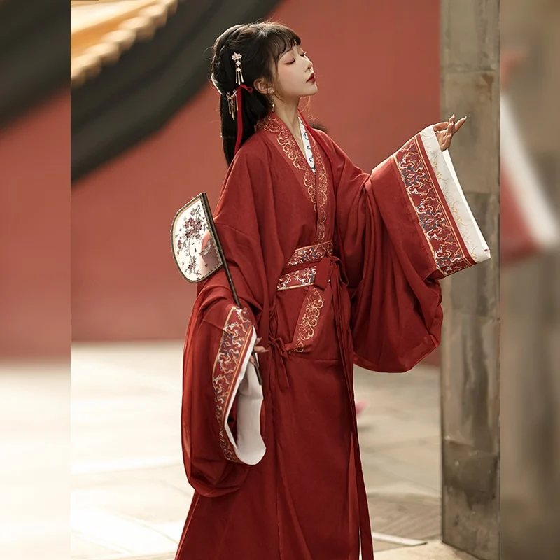 Chinese Straight-Front Robe,Female Hanfu,Red Color,Daily, Performance Costumes,Long Skirt,3pcs/set Inner/outer Robe And Belt