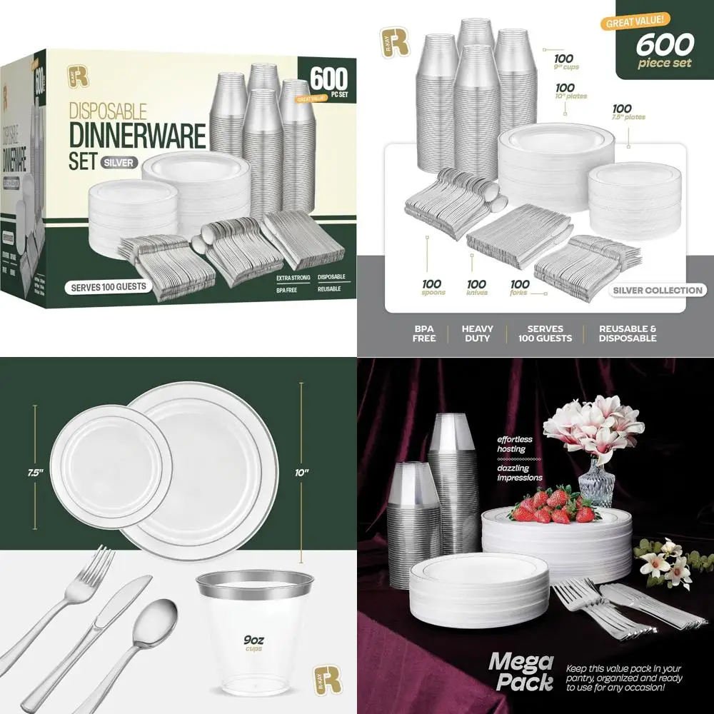 

Набор серебряной посуды для 100 гостей — праздничные тарелки и пластиковая посуда для 100 человек, идеально подходит для крупных встреч