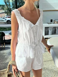 Marthaqiqi Lace Female Pajama Suit Sexy V-Neck Sleepwear Sleeveless Pyjama Tank Tops Nightwear Shorts Cotton Nightie 2 Piece Set