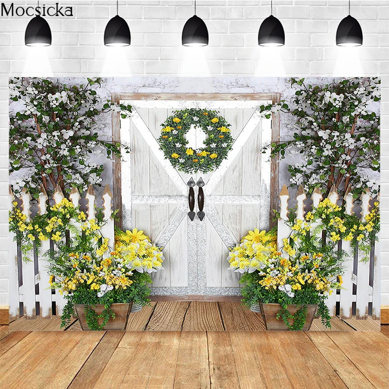 

Mocsicka Spring Photography Backdrops Children Portrait Photo Wallpaper Flowers Wood Door Decoration Vintage Props Background