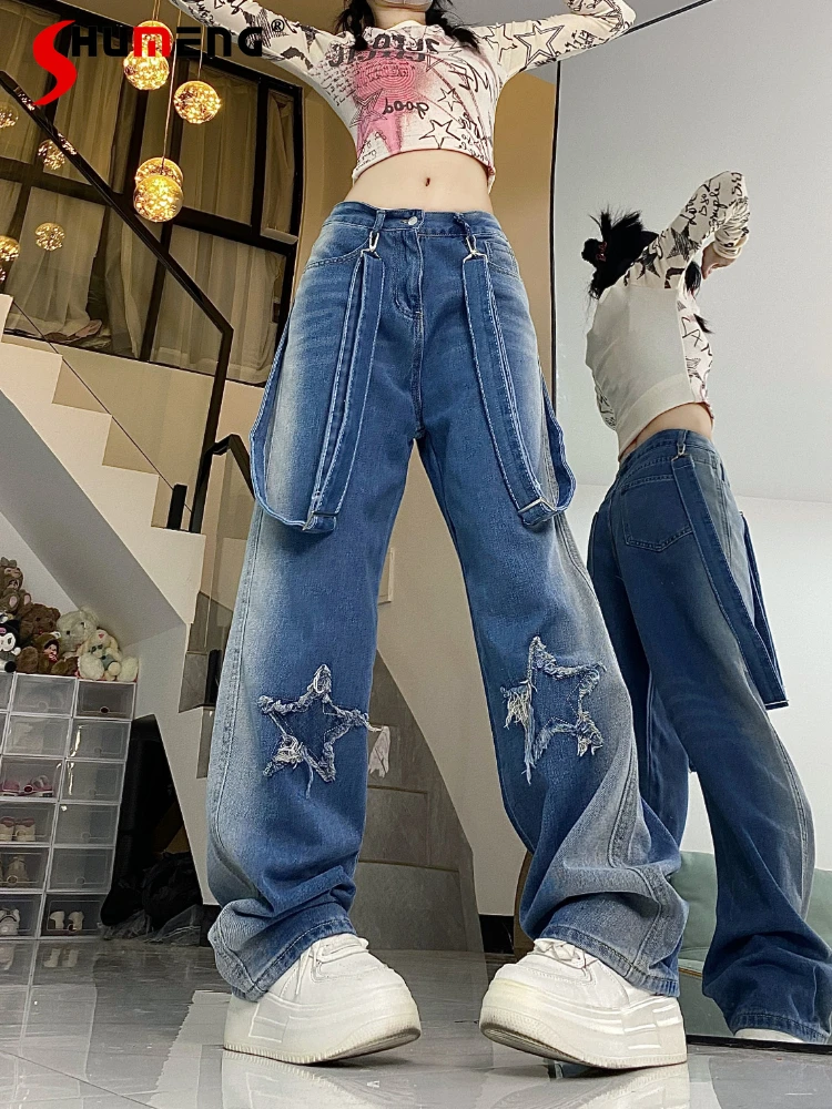 

Retro Woman's Washed Star Patch Jeans American Style Autumn Casual Loose High Waist Disassembly Wide-Leg Denim Trousers Female