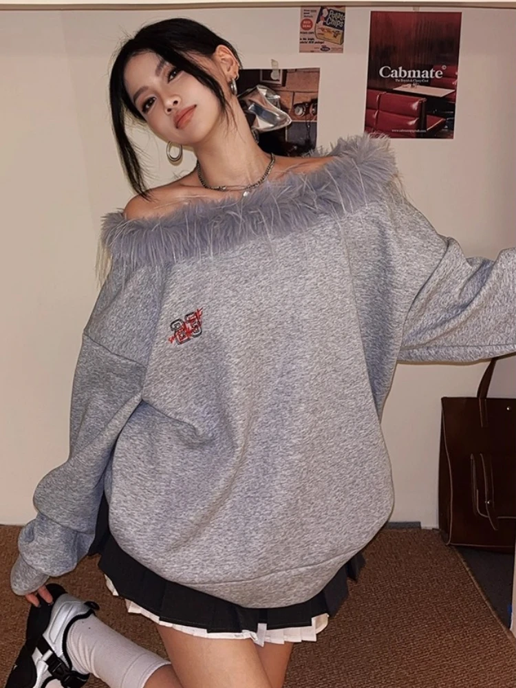 

Design Faux Fur American Retro Pullover Sweater Women Fashion Aesthetic Sexy Long Sleeve Top Vintage Chic Korean Popular Clothes