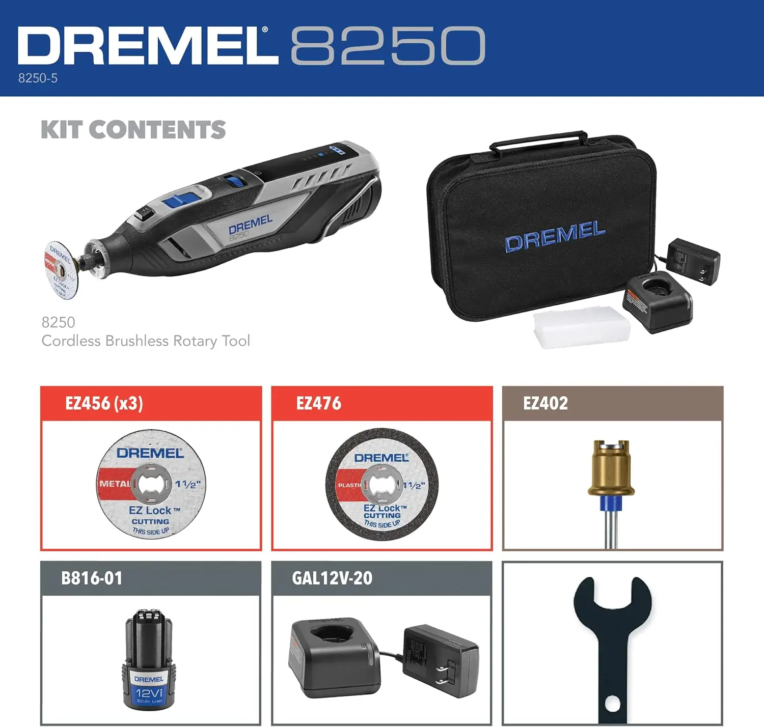 Dremel 8250-5 12 V Lithium-Ionen-Akku-Drehwerkzeug mit variabler Geschwindigkeit und bürstenlosem Motor – 5 Drehwerkzeug-Zubehörteile, 3 Ah Akku