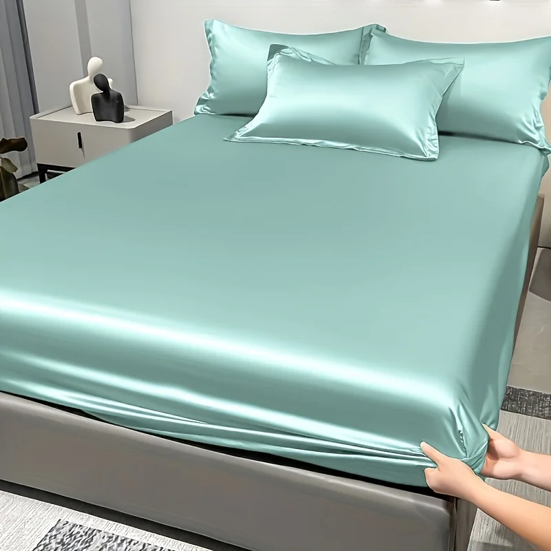 1 Simple Modern Satin Solid Color Fitted Sheet,Water Green Color Ice Silk Bedspread For Bedroom,Bedding (Excluding Pillowcases)