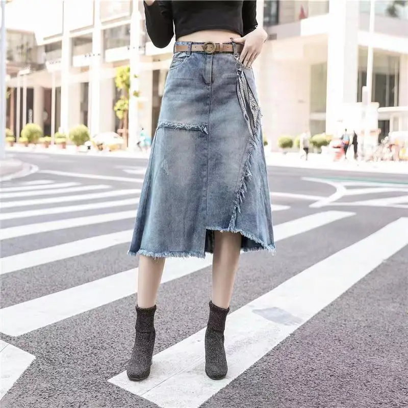 

Casual Jean Skirts For Women Mid Waist Front Slit Denim Skirts Loose Fit Mid Length Y2K Skirts Fashion Streetwear Without Belt