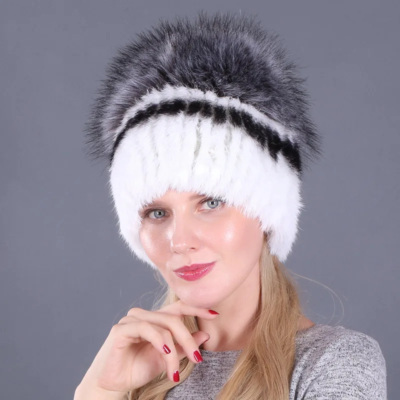 Real Rabbit Fur Winter Hats for Women Knit Warm Cap Ladies Fuzzy Hats Ski Snow Gear Cute CAP BEANIE