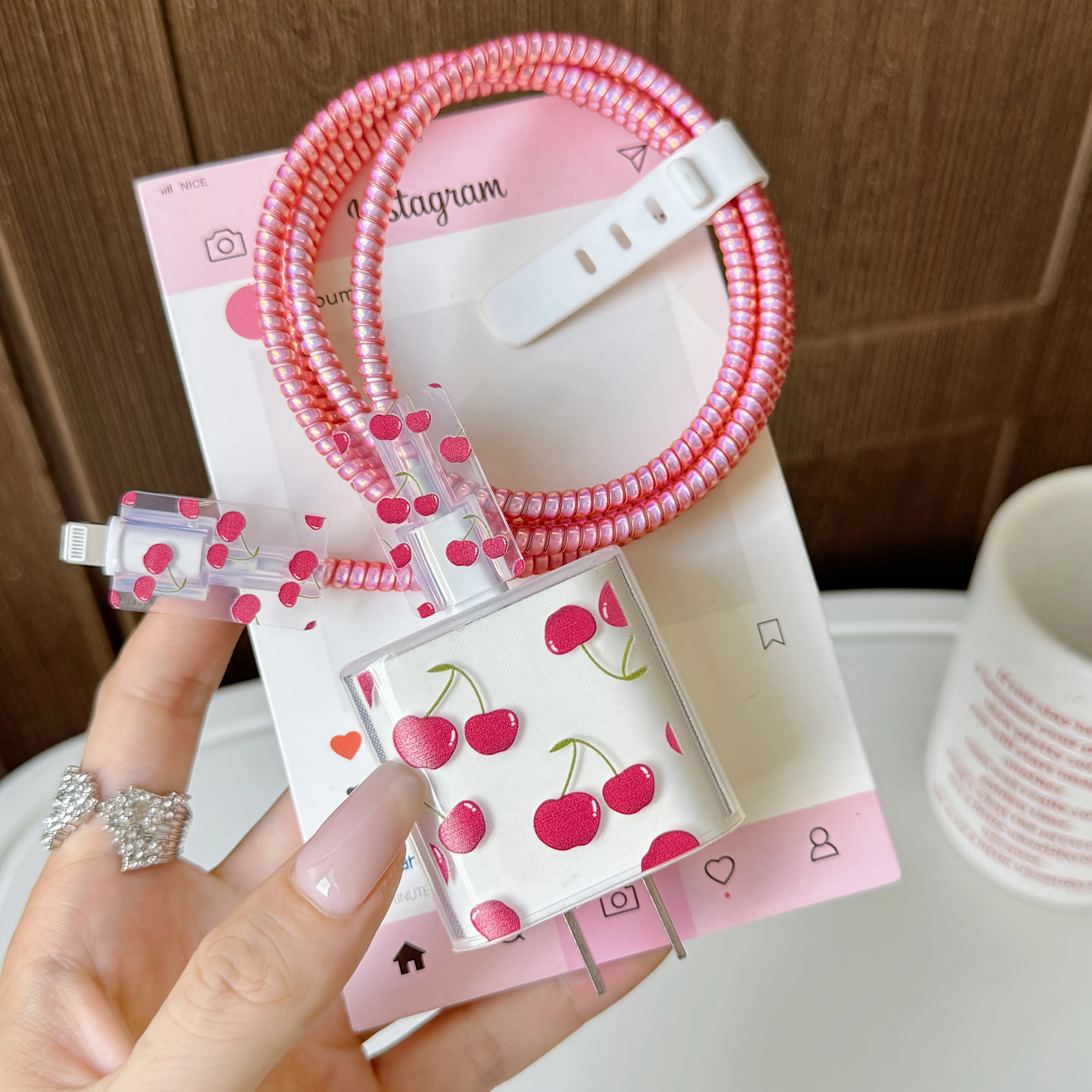 Cute Red Cherry Transparent Case For iPhone Charger Protective is Applicable For Samsung Type-C Data Head Bite Protector Shell
