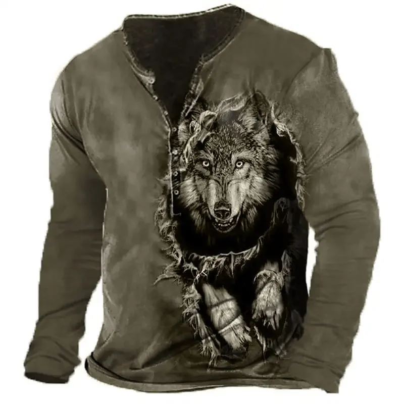 Vintage T-shirt For Men Graphic Wolf Button T-shirt Man's 3D Printed Henry Shirt Long Sleeve Oversized T-shirt Male Clothing Top