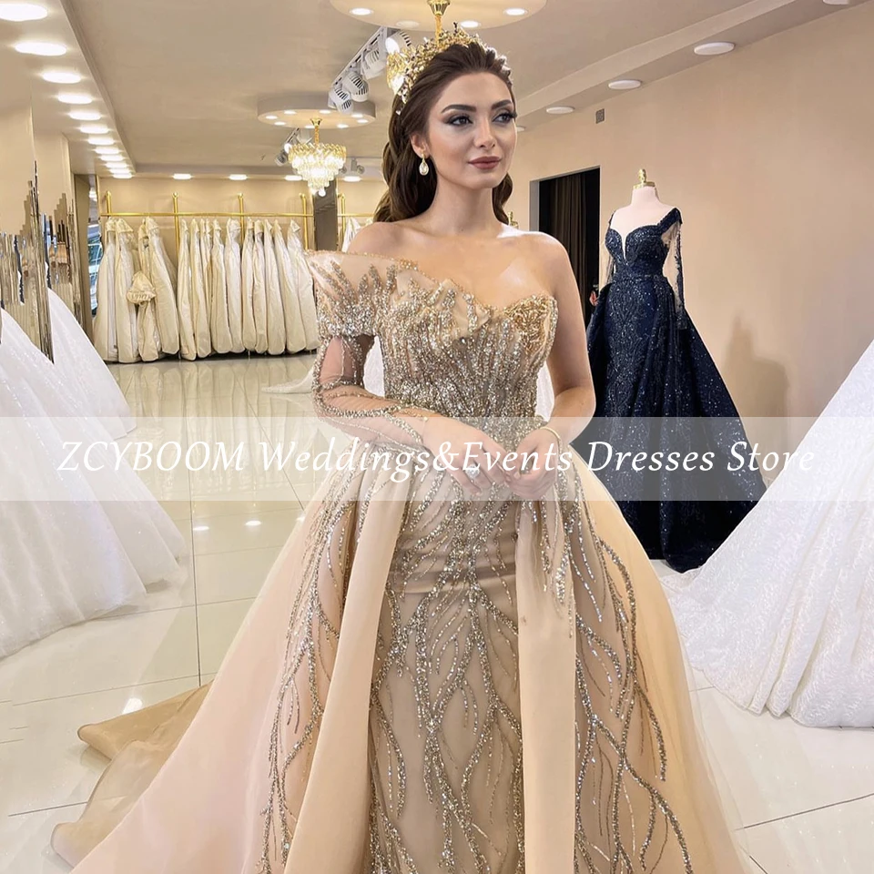 Customized Champagne One-Shoulder Sequin Sparkly Evening Dress 2024 Mermaid Floor Length Sweep Train Tulle Zipper Prom Dress