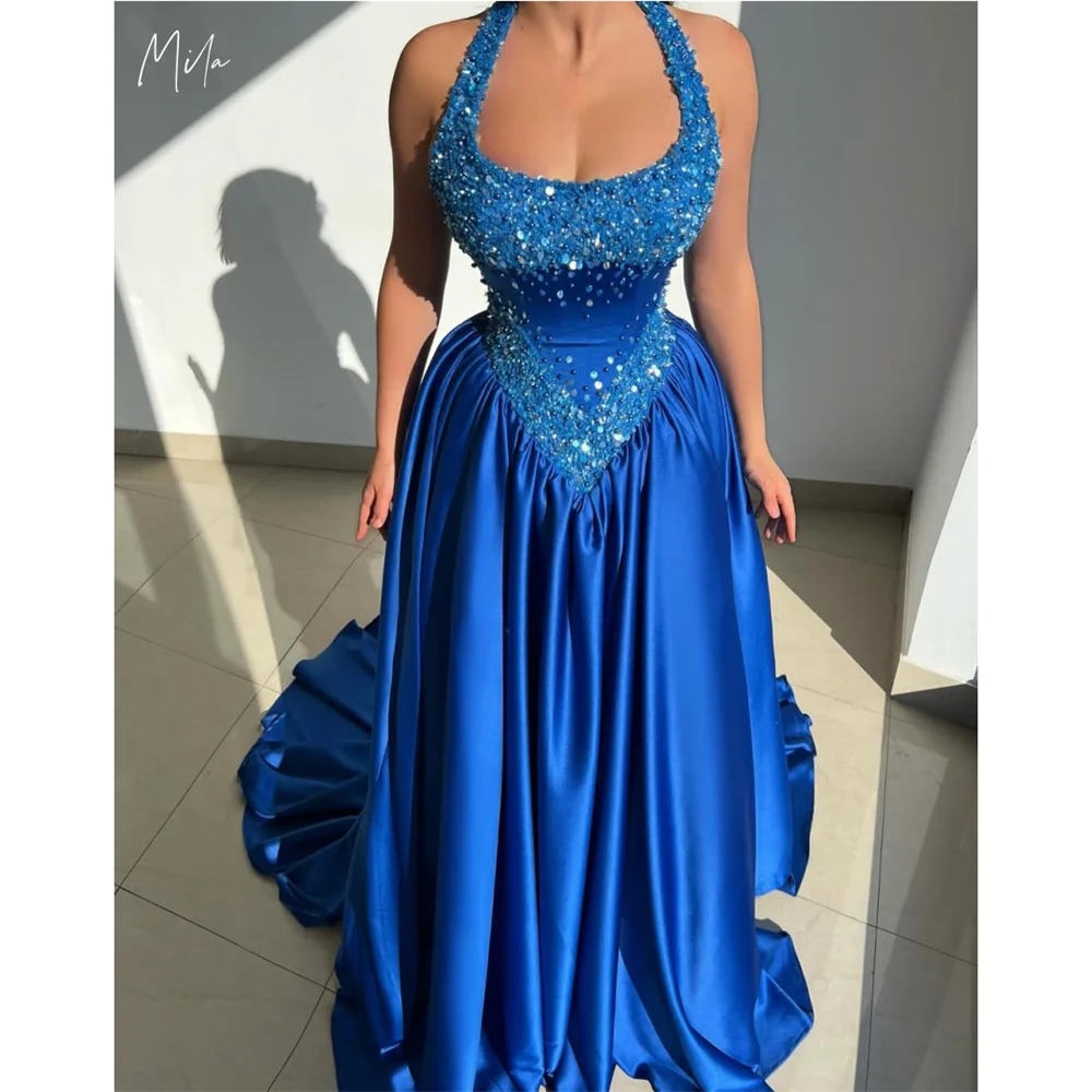 

Mila Halter Neck Beaded Prom Dresses Royal Blue Sleeveless Customized Formal Evening A-Line Floor-Length vestidos de gala 2025