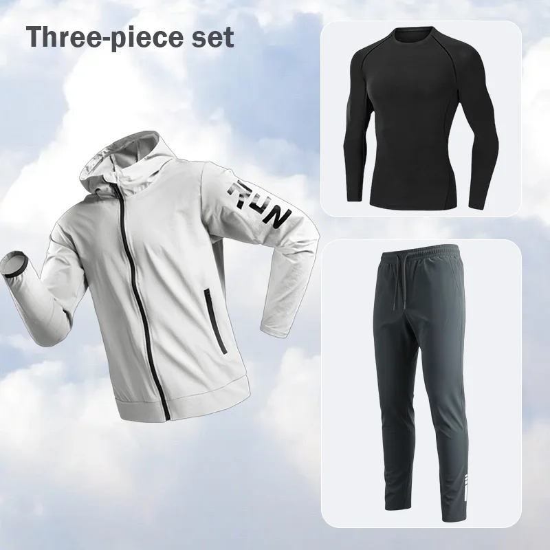 

Мужской спортивный костюм для бега: быстросохнущая весенняя куртка, комплект из трех предметов для фитнеса, тренировок на открытом воздухе, велоспорта, утреннего бега, альпинизма
