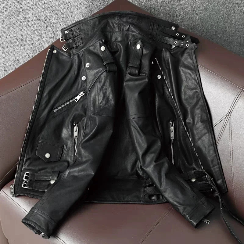 New Sheepskin Motorcycle Leather Jacket Genuine Leather Coat Men\'s Fashion Slim Lapel Jacket Autumn Genuine Leather Jacket