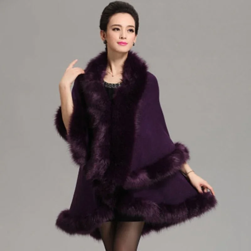 Brieuces New Fashion Long Wool Cashmere Faux Fox Fur Coat Cardigan Women Poncho Knitted Sweater Women Scarves Autumn And Winter