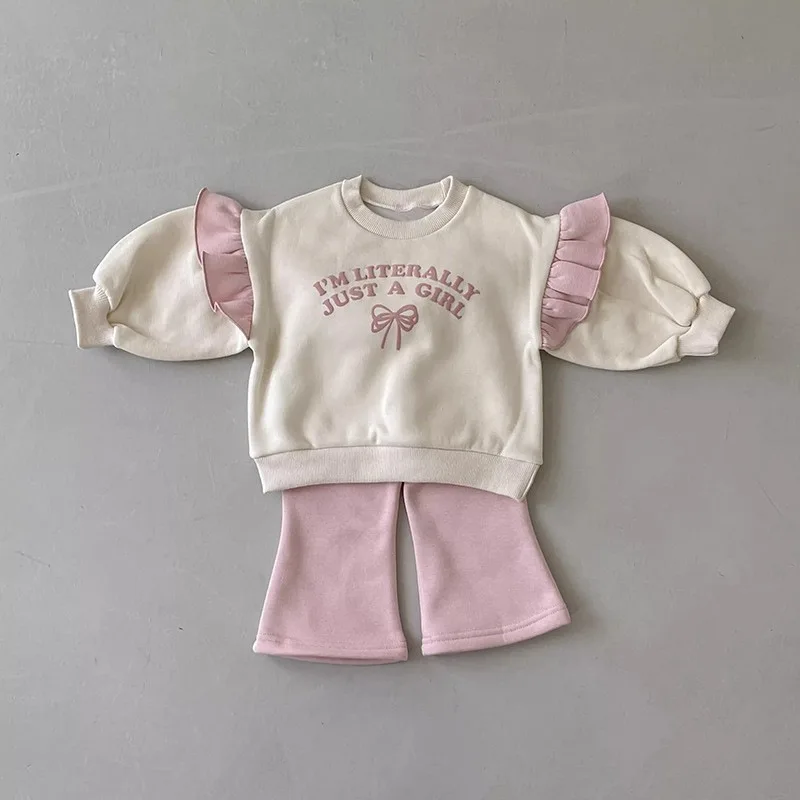 Korean Version Instagram New Girls' Set Bell Bottom Pants Hoodie Set Butterfly Lace Sleeves Round Neck Hoodie Set Two-piece