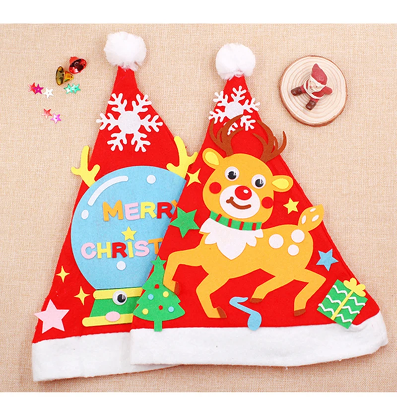 1PC Kids DIY Handmade Christmas Hat Craft Kit Kindergarten Creative Non-woven Toys Cartoon Arts Hats Xmas Gift for Kids Adults