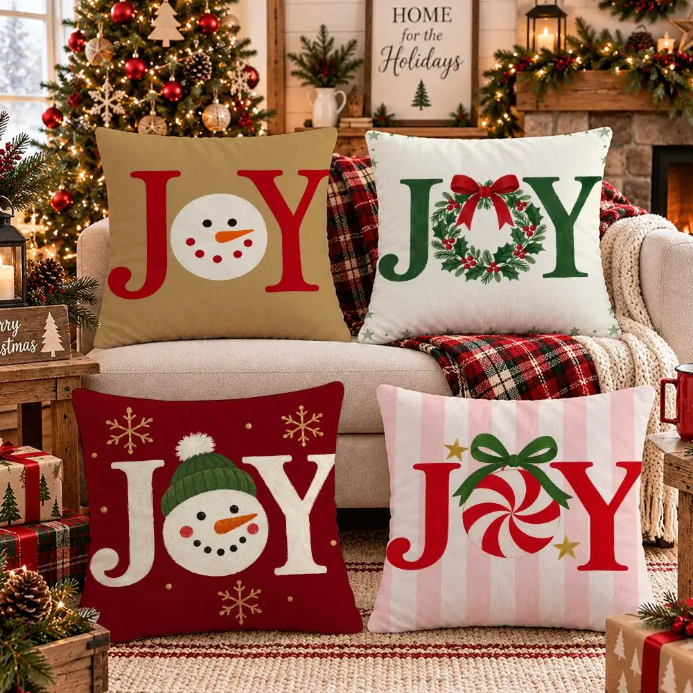 Joy Snowman Cushion Cover Soft Short Plush Pillow Cover Smooth Cozy Texture Cushion Case Home Decor