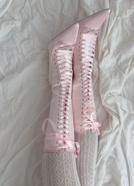 Pink Satin Lace up Knee High Boots Ribbon Cute Bow Women\'s Pointed Toe High Heels Elegant Long Boot Girls Party Lolita Shoes