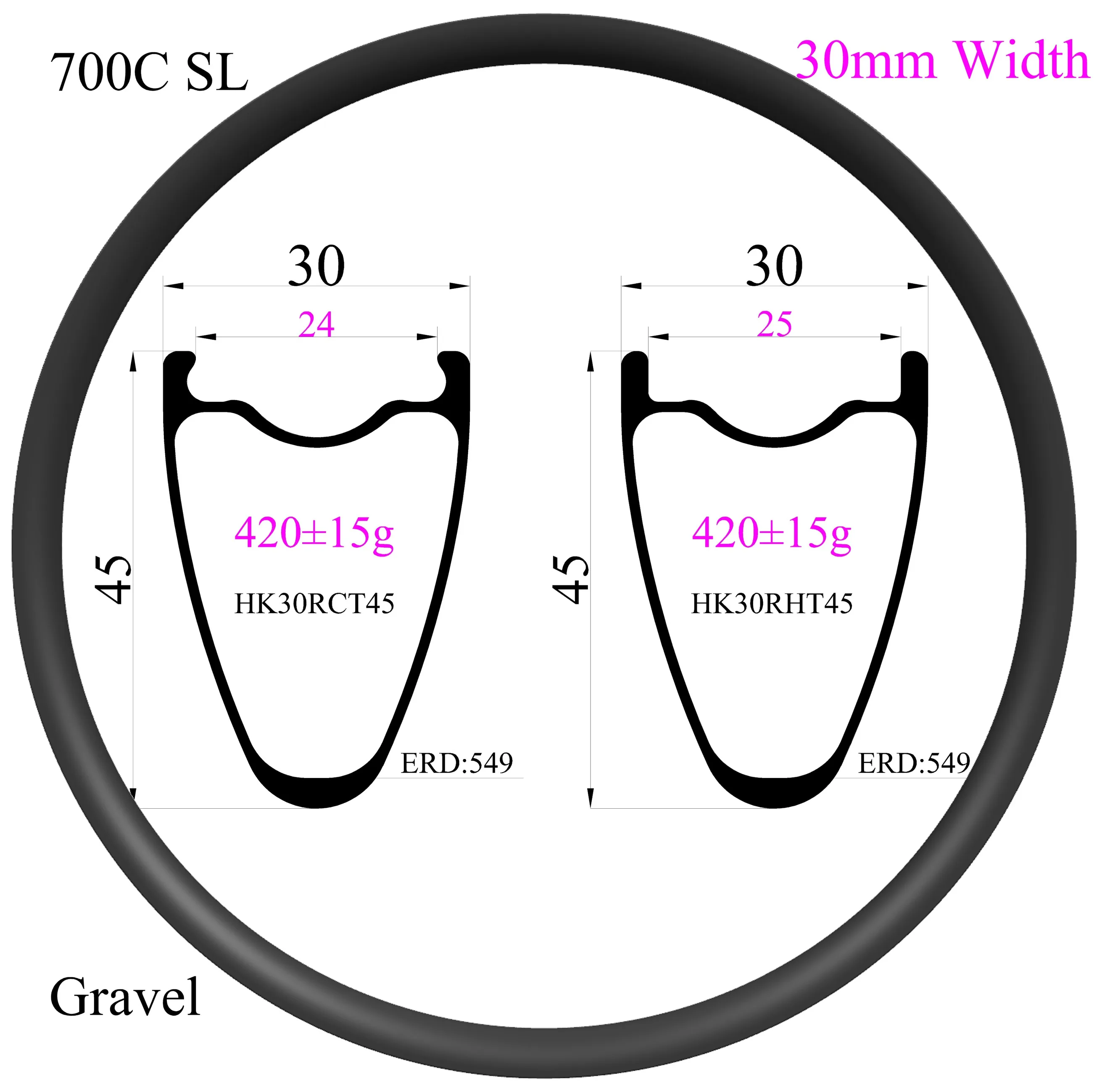 T800 Gravel bike 700C Carbon Rim width 30mm Depth 45mm Tubeless Hookless Disc brake Road bicycle carbon rim