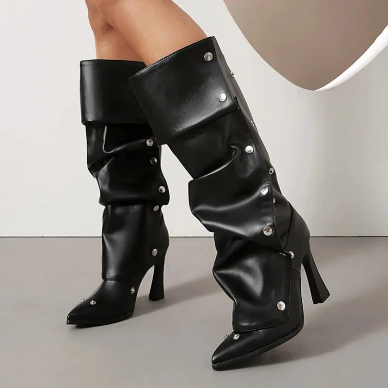 Wrinkle Decal Rivet Tip Ultra-High Hollow Out Slim Heel Sexy Knee High Boots Plush Inner Metal Button Slip on High Boots