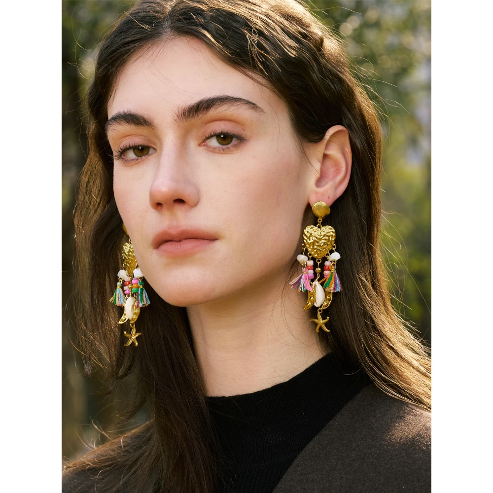 Yhpup Exquisite Metal Heart Seashell Starfish Tassel Dangle Handmade Earrings Gold Color Stainless Steel Arrivals Jewelry Gift