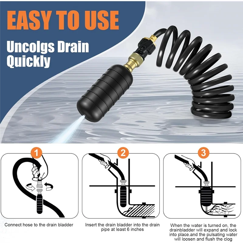 A95I-Retractable Hose Drain Bladder Kit 3Pcs, Includes Shut-Off Valve& Faucet Adapter For Fit 1" To 6" Pipes