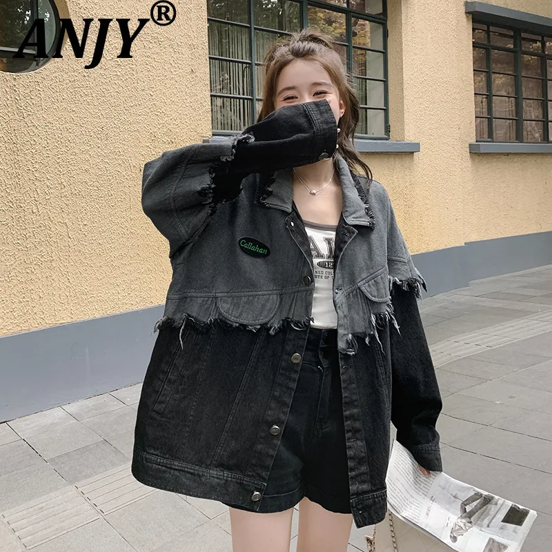 ANJY الخريف شخصية عصرية شارع العليا المد شرابة الدنيم المرقعة سترة العصرية شيك مزاجه تنوعا معطف A15041 #1