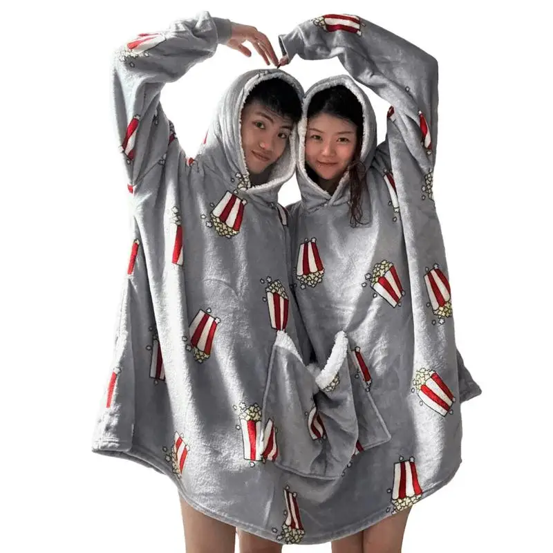 New Double Hoodie Blanket Long Sleeve Home Coral Fleece Sleepwear With Popcorn Pattern Blanket Hoodie For Two People Family