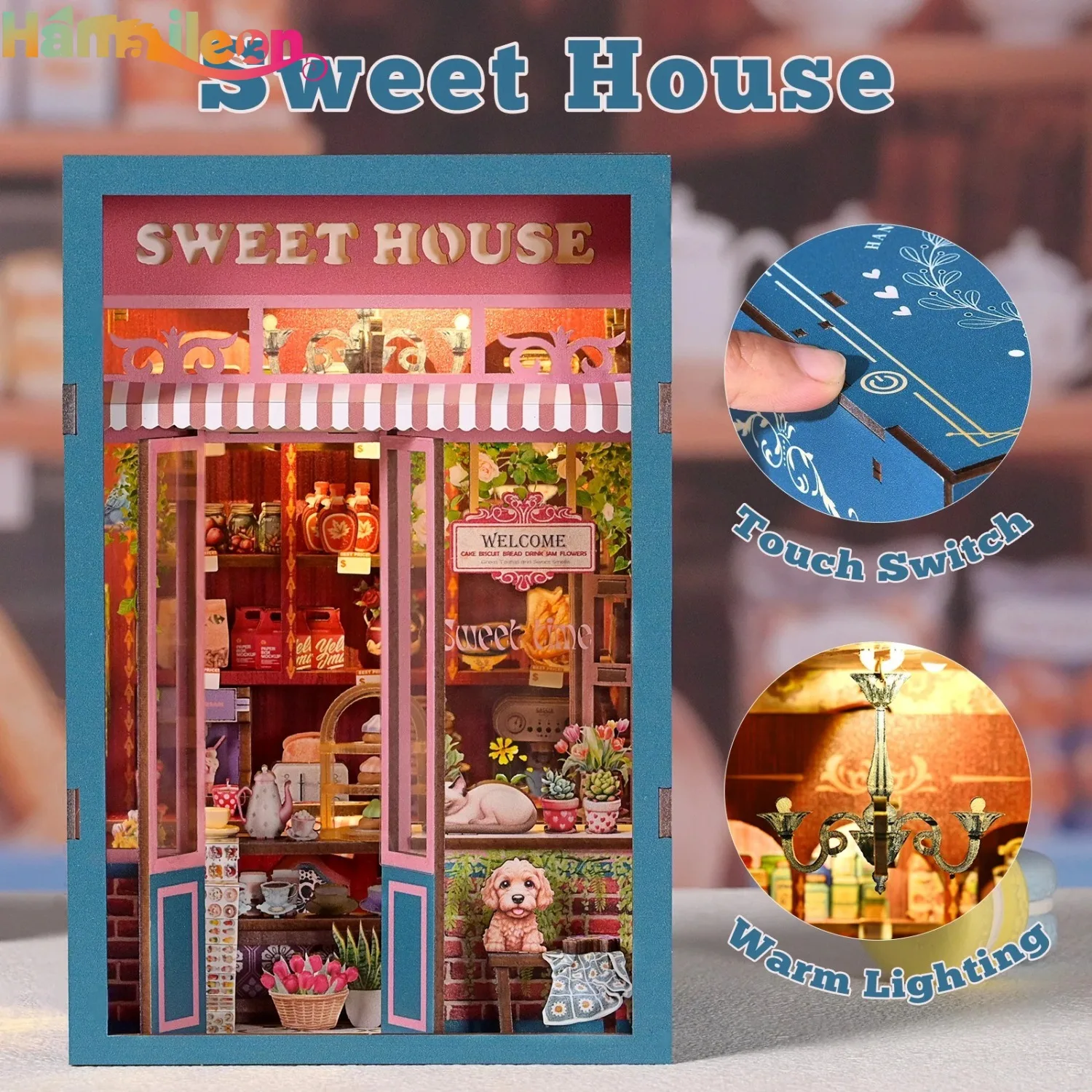 Hamaileon DIY Book Nook Kit 조명이있는 소형 나무 인형 집 책장 삽입 선물 용 3D 퍼즐 장식 모델 (Sweet House)