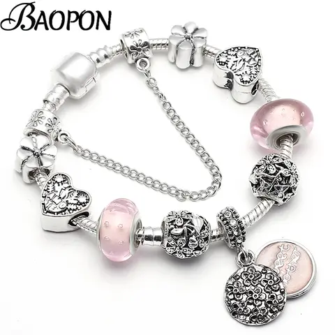 Pulsera y brazalete chapados en plata con cerradura de llave, pulsera de bola con colgante de cristal para mujer, regalo de joyería para el Día de San Valentín y boda