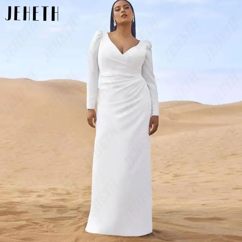 

JEHETH V-Neck Mermaid Wedding Dresses Plus Size Full Sleeves Satin Bridal Gowns For Woman Appliques Gorgeous Vestido De Mariages