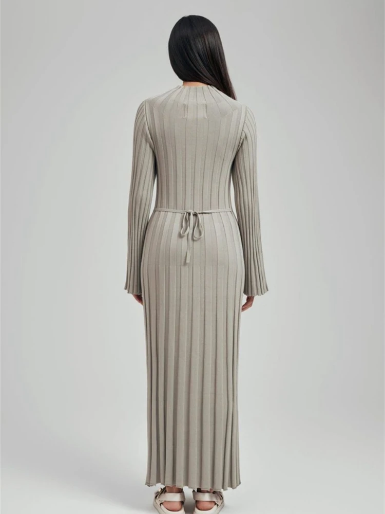 Luxury Vintage Big Pit Stripe Knit Long Dress Women Slim High Waist Dresses Long Sleeve Autumn Winter Knitted Sweater Dress Chic