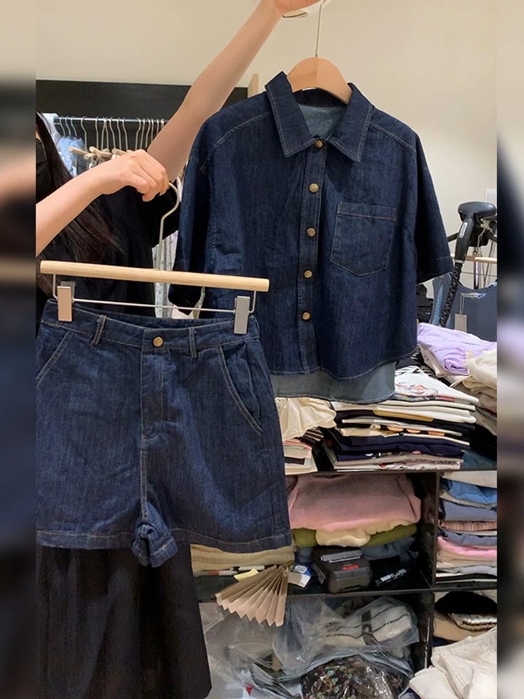 

Plus Size Blue Denim ort Sve orts Set plus Size Women's Faion Summer Outfit Korean Sle Commute Applicable All Body pes