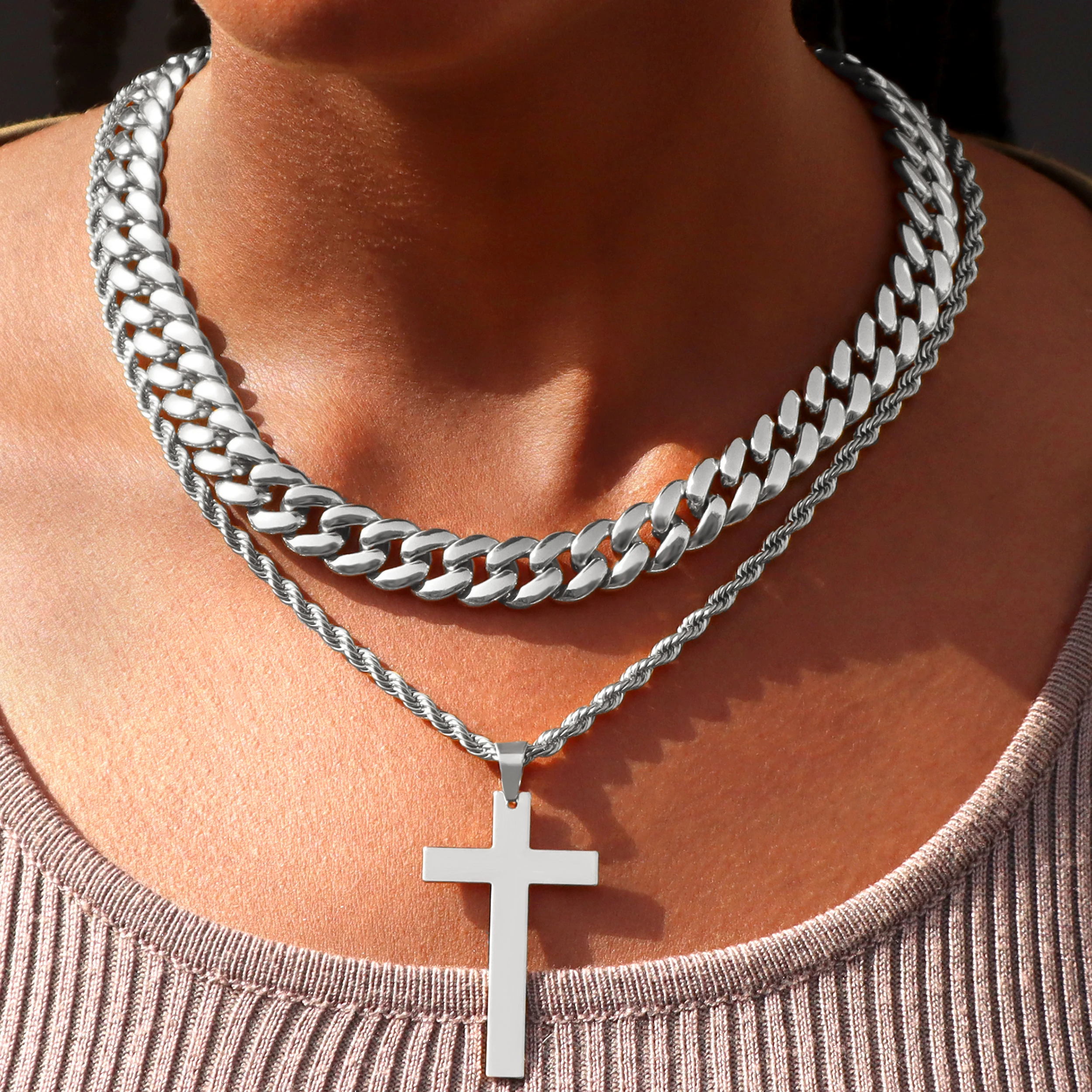 

2Pcs/Set Women Stainless Steel Rope Chain Cross Necklace with 13MM Minimalist Metal Cuban Chain Necklaces Set Fashion Jewelry