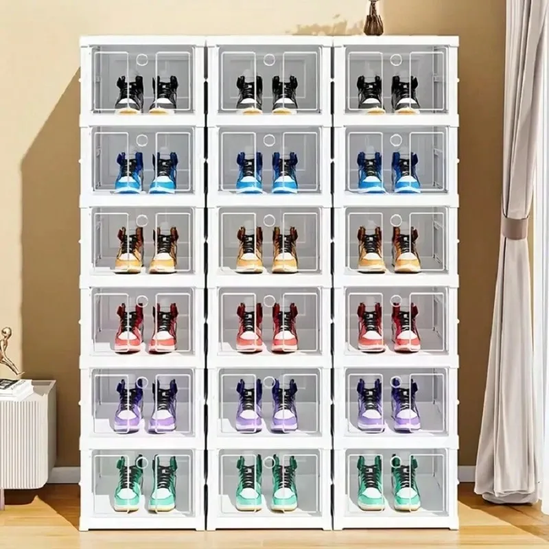 White 2/6/9-layer Stackable Folding Shoe Boxes With Doors - Dust-Proof Plastic Sneaker Storage Boxes, Space-Saving Storage For Entryway, Bedroom, Home And Dorm