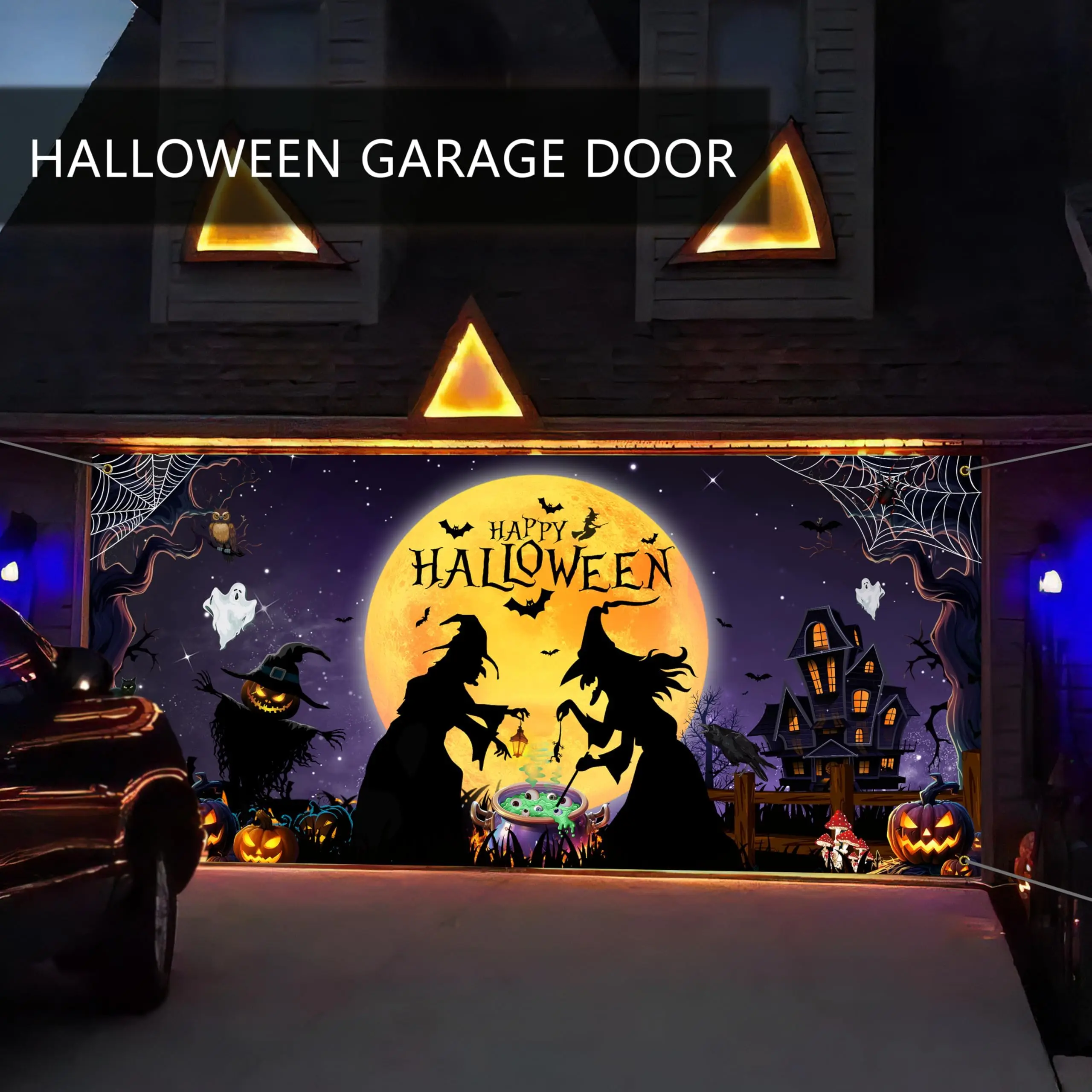 

Halloween Garage Door Cover Banner Full Moon Witch Backdrop Halloween Garage Door Yard Wall Hanging Background Outdoor Party