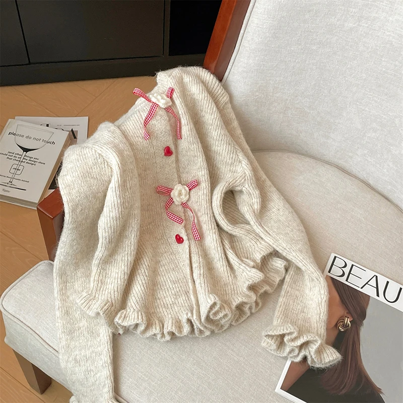 

Kawaii укороченный вязаный кардиган женский консервативный милый свитер с бантом верхняя одежда корейский эстетический трикотаж зимние джемперы с длинными рукавами новинка