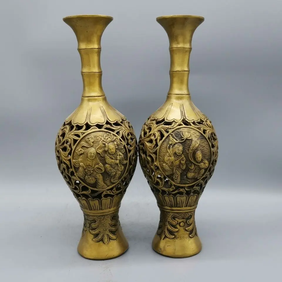 A pair of Copper God of Harmony hollow vase Statue Office Home Decor Gift for Desk Ornament