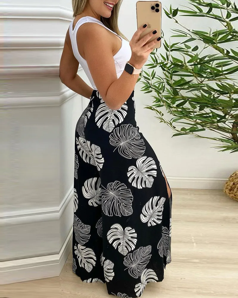 Summer Casual Two Piece Suits Women Sets Solid Cut-out Tank Top and Tropical Print Split Wide Leg Pants Set Women Clothes