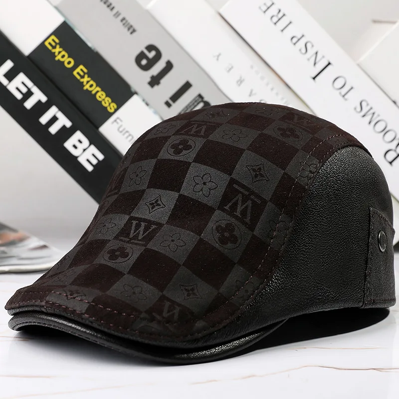 X7043 Adult Genuine Leather Hat Girls Sheep Skin Beret Cap Genuine Leather Beret Sheepskin Checkered Print Caps Adjust