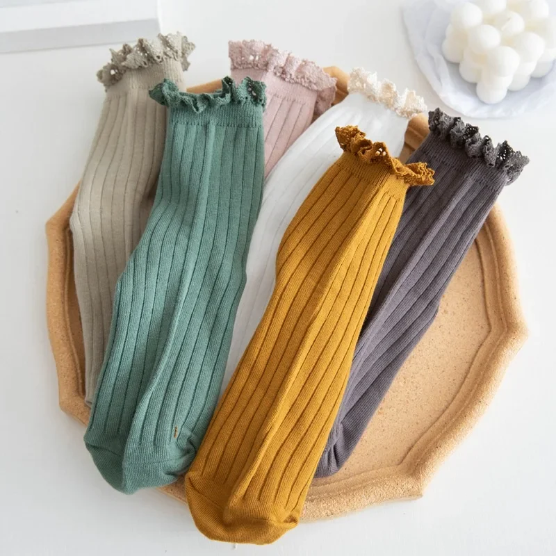 Japanese Style High School Students Loose Long Socks Solid Lacework Frilly Ruffle Socks Sweet Girls Kawaii Cute Woman Socks Sox