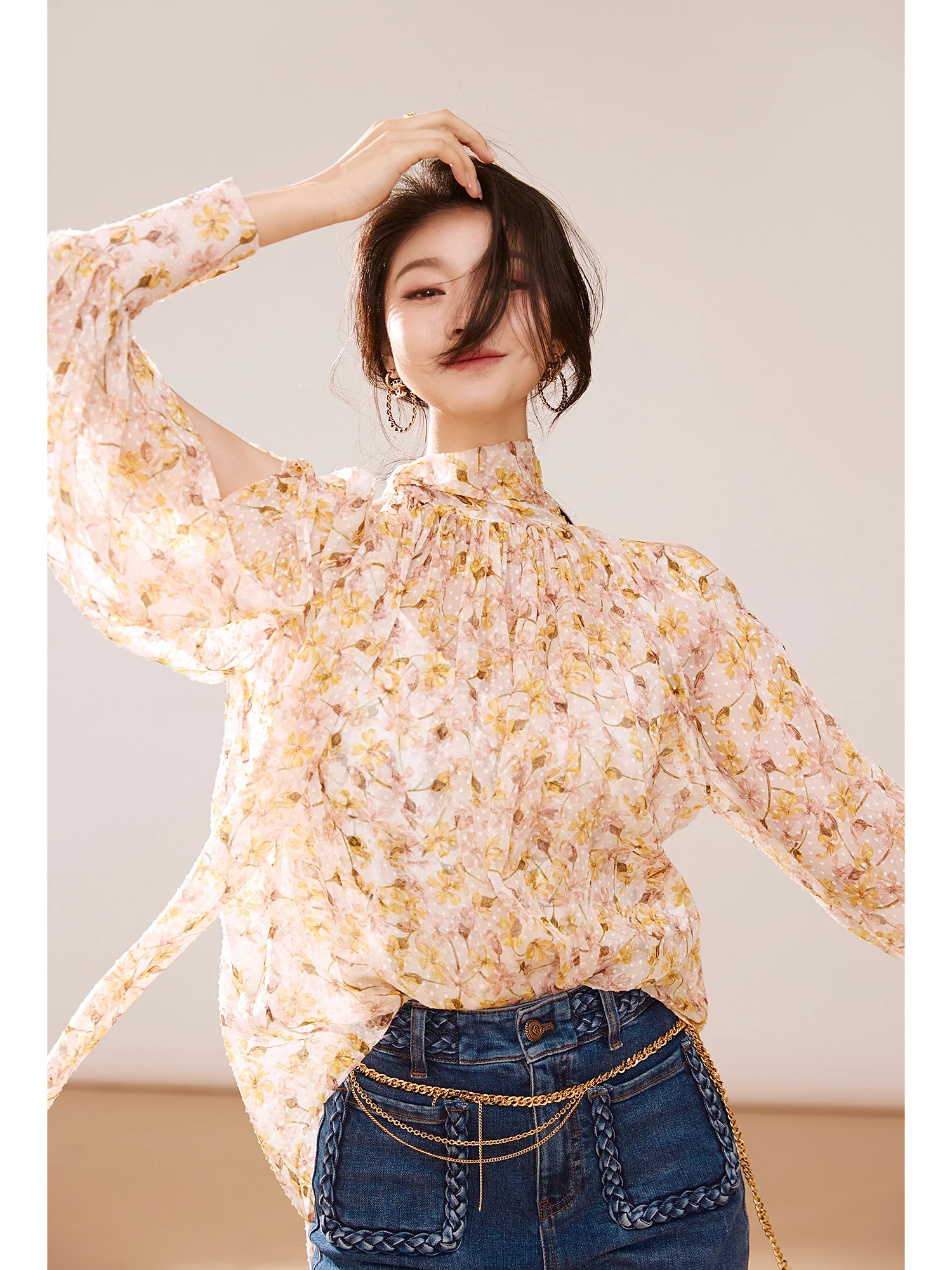 

as Cloud 6A ade Silk Burned Flower Sa Printing oulder Bared Court Gown Ele Small irt for Women