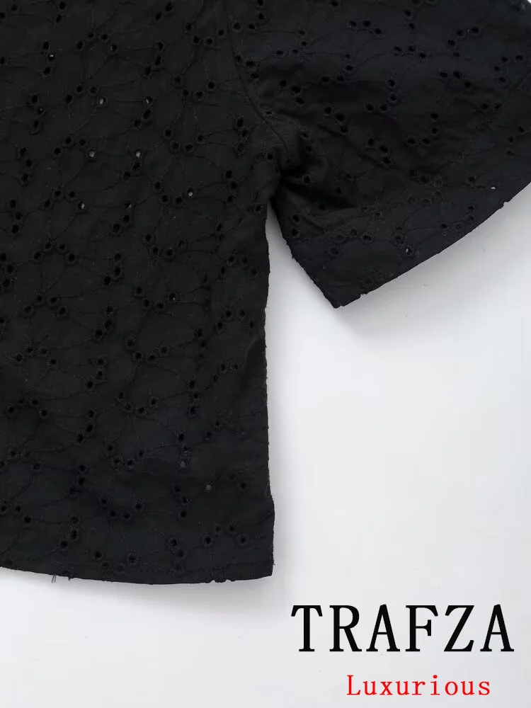 Trafza Vintage Effen Chique Damespak V-Hals Uitgehold Single Breasted Shirt Rechte Losse Broek Nieuwe Mode 2024 Zomersets