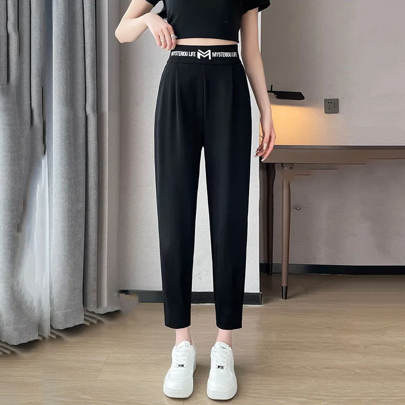 

2024 Spring and Summer Thin Letter Printing Pocket Loose Relaxed Slim High Waist Oversize trousers Straight Women's Sweatpants